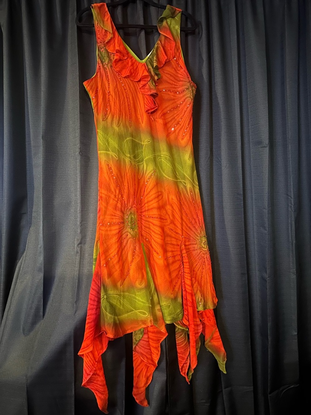 Signature Orange & Green Asymmetrical Ruffle Hem Dress